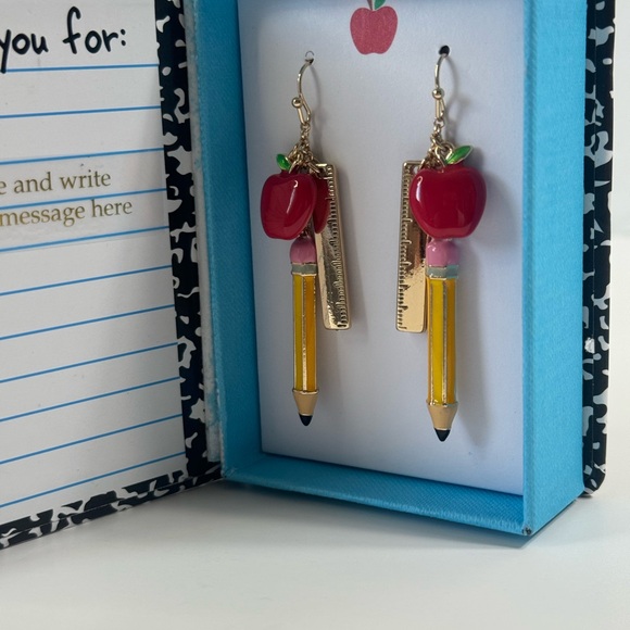 Betsey Johnson Back to School NotebkGold Tone Ruler Pencil W/Apple Earrings NIB - Picture 9 of 15